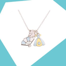 HAND FAN, RING OF FLOWERS AND BALL GOWN GOLD PLATED PENDANT SET FOR GIRLS